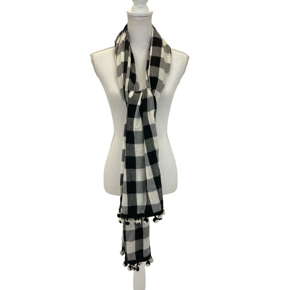 Talbots Scarf Wrap Plaid with Pompoms OS Black & White - Picture 4 of 11